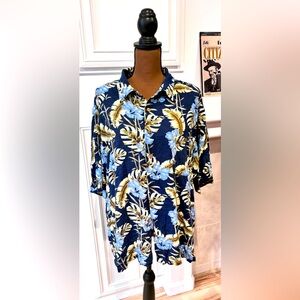 Puritan Blue Shirt Tropical Floral Button up Shirt Hibiscus 🌺 Leaf Print 2XL.